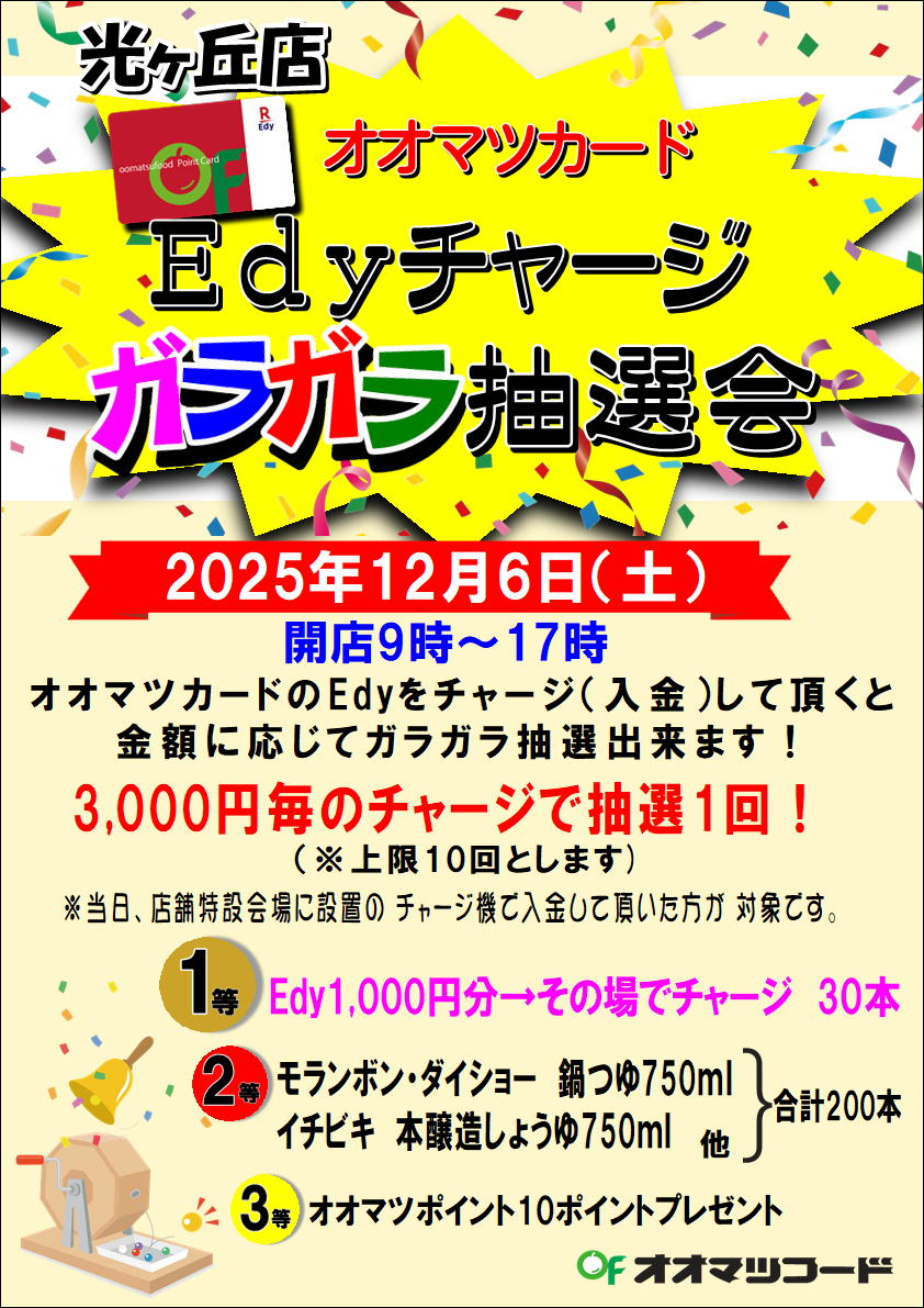 光ヶ丘店企画！オオマツカードEdyチャージガラガラ抽選会開催のお知らせ